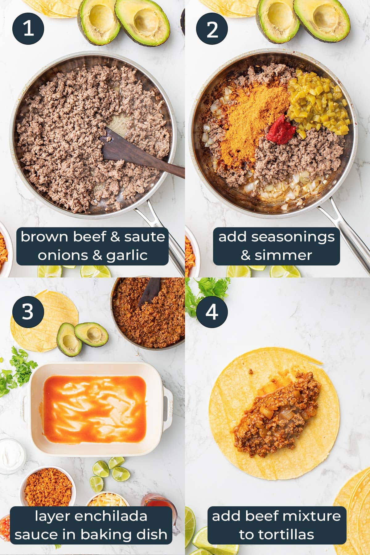 Four step-by-step photos on how to make beef enchiladas.