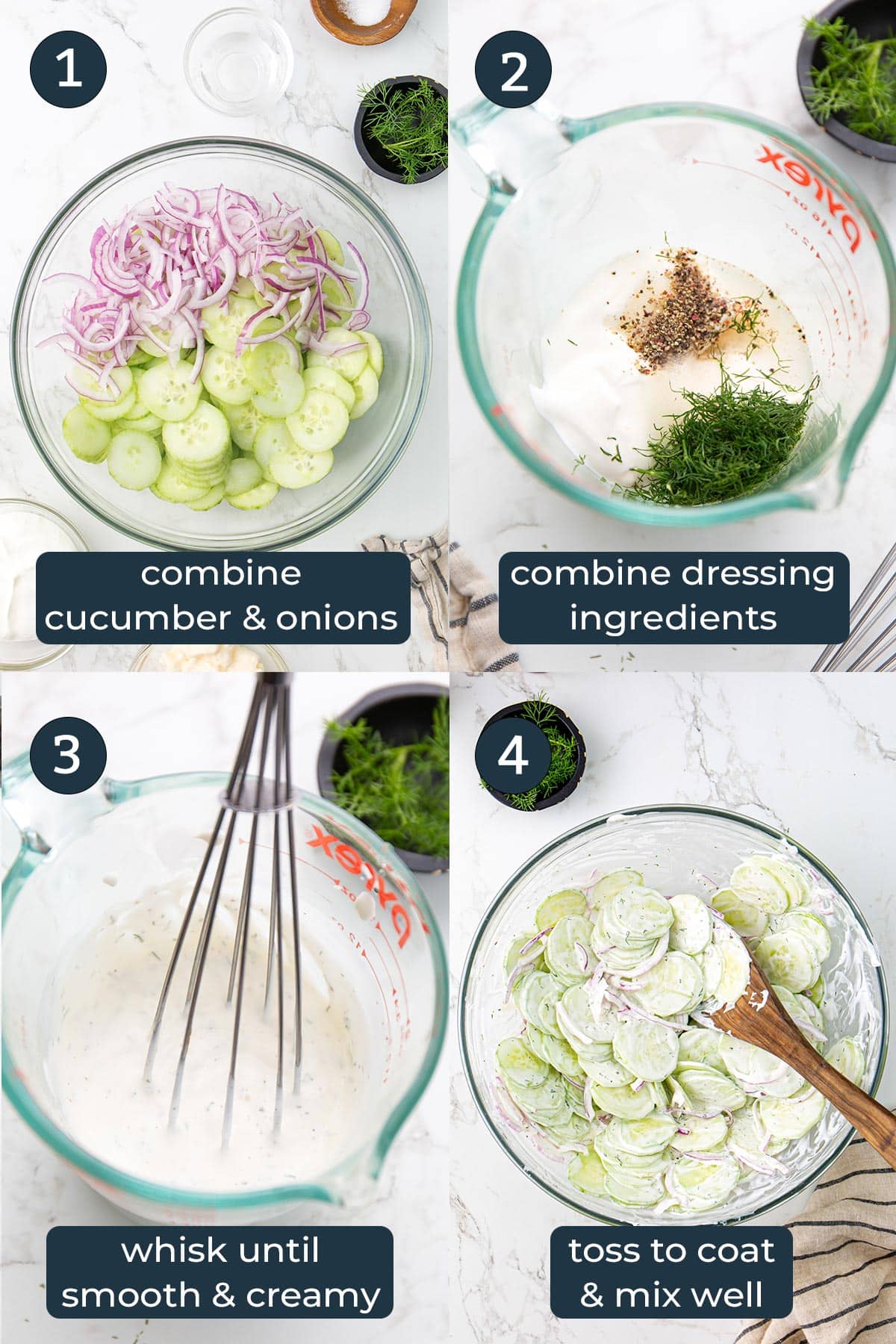 Four step-by-step photos on how to make creamy cucumber salad.