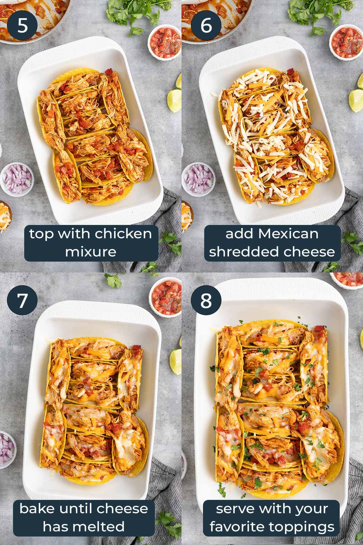 Four step-by-step photos on how to make cheesy baked chicken tacos.