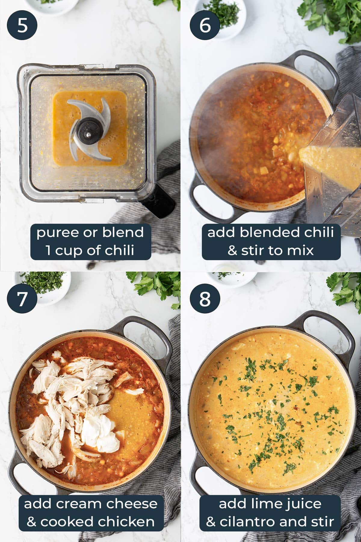 Four step-by-step photos on how to make white chicken chili.