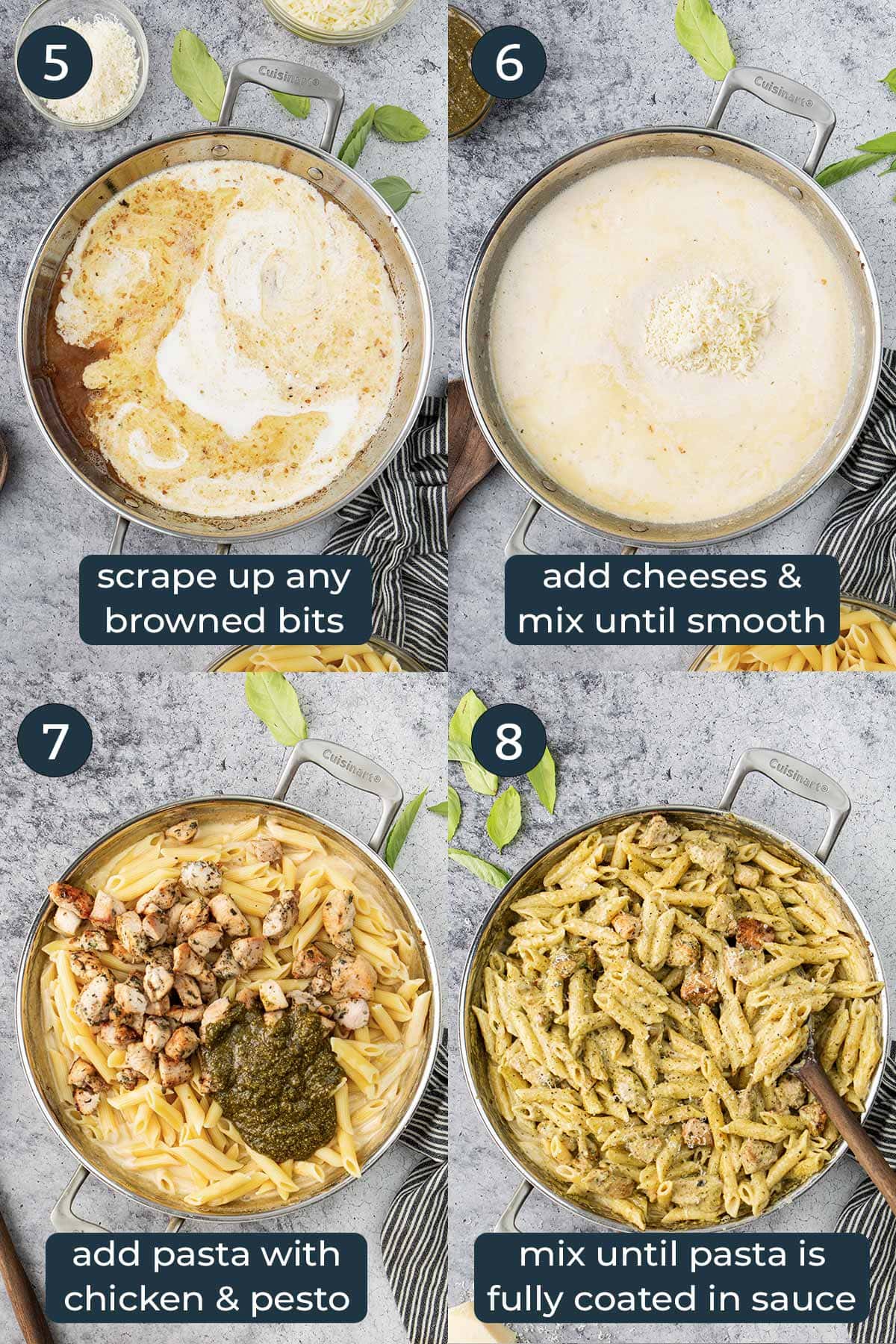 Four step-by-step photos on how to make creamy pesto chicken pasta.