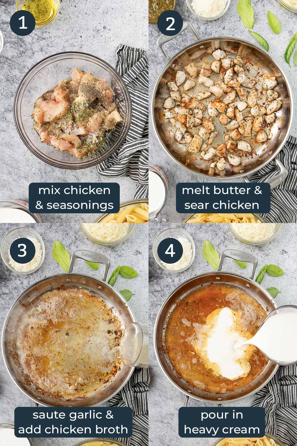 Four step-by-step photos on how to make creamy pesto chicken pasta.