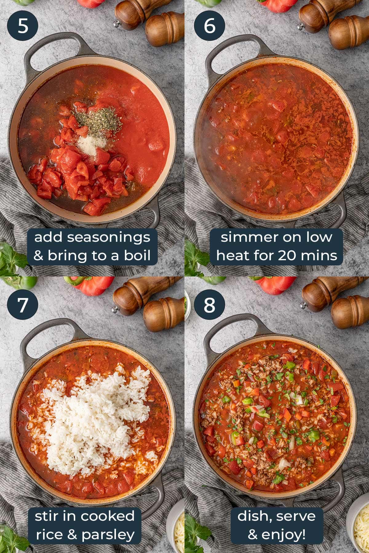 Four step-by-step photos on how to make stuffed pepper soup.