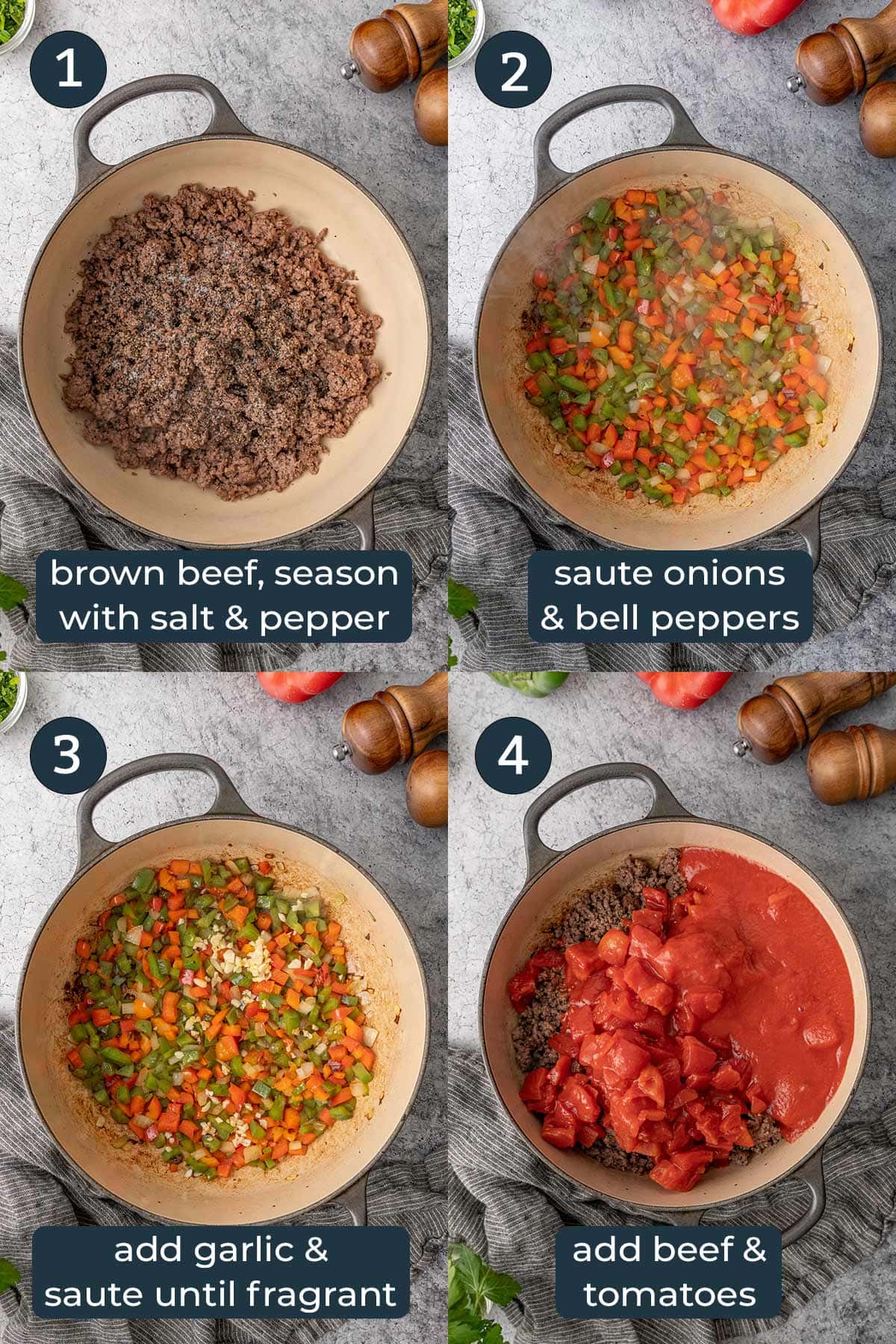 Four step-by-step photos on how to make stuffed pepper soup.