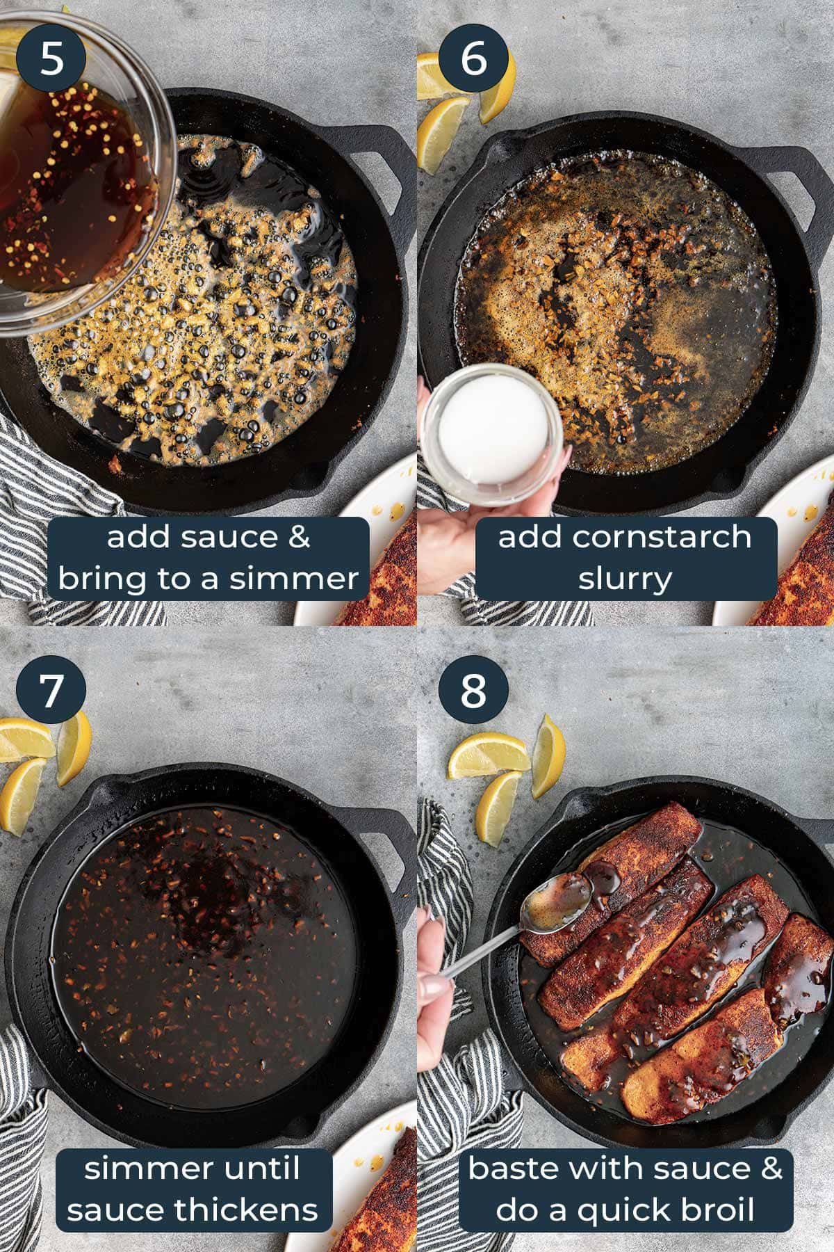 Four step-by-step photos on how to make honey glazed salmon.