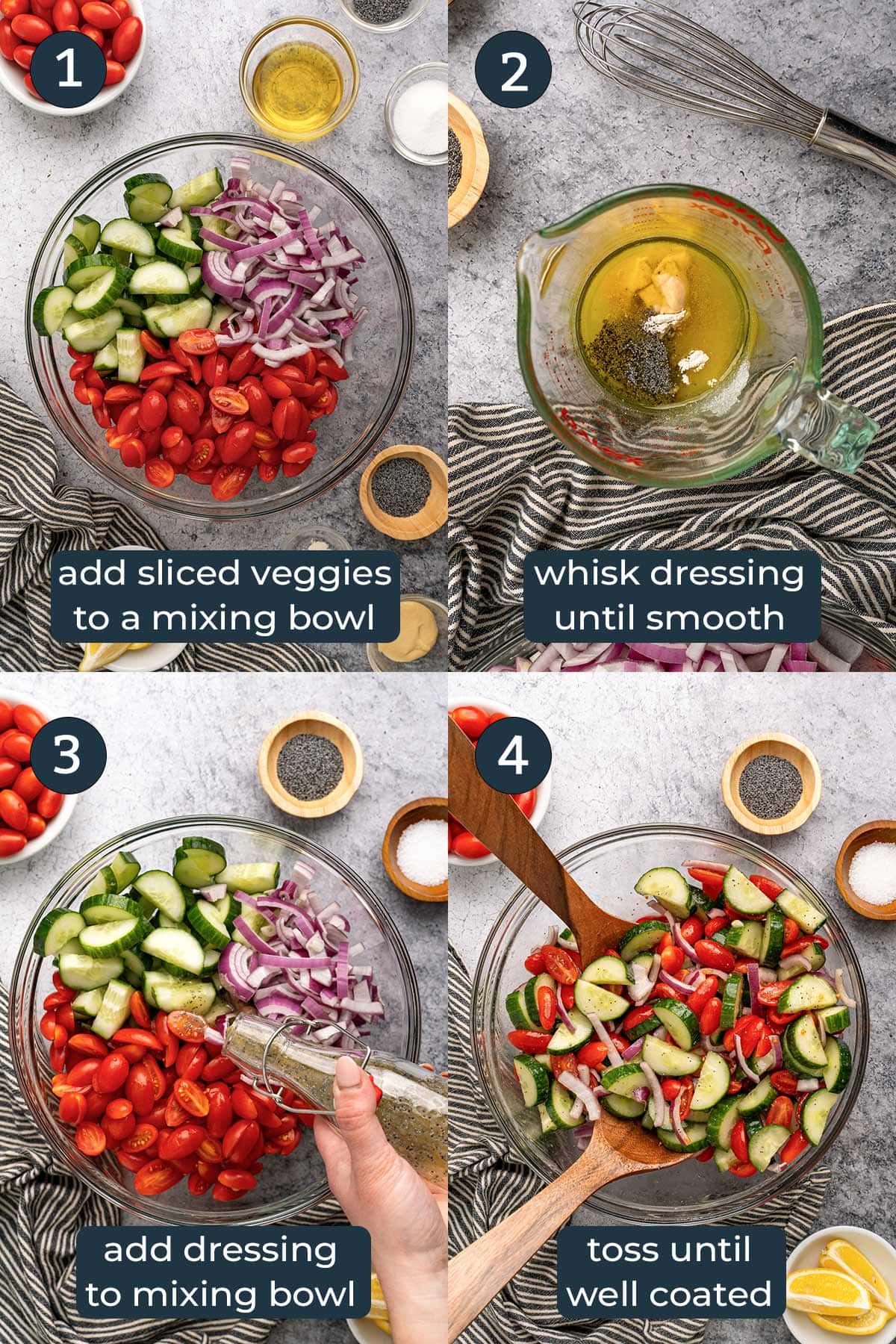 Four step-by-step photos on how to make cucumber tomato salad.