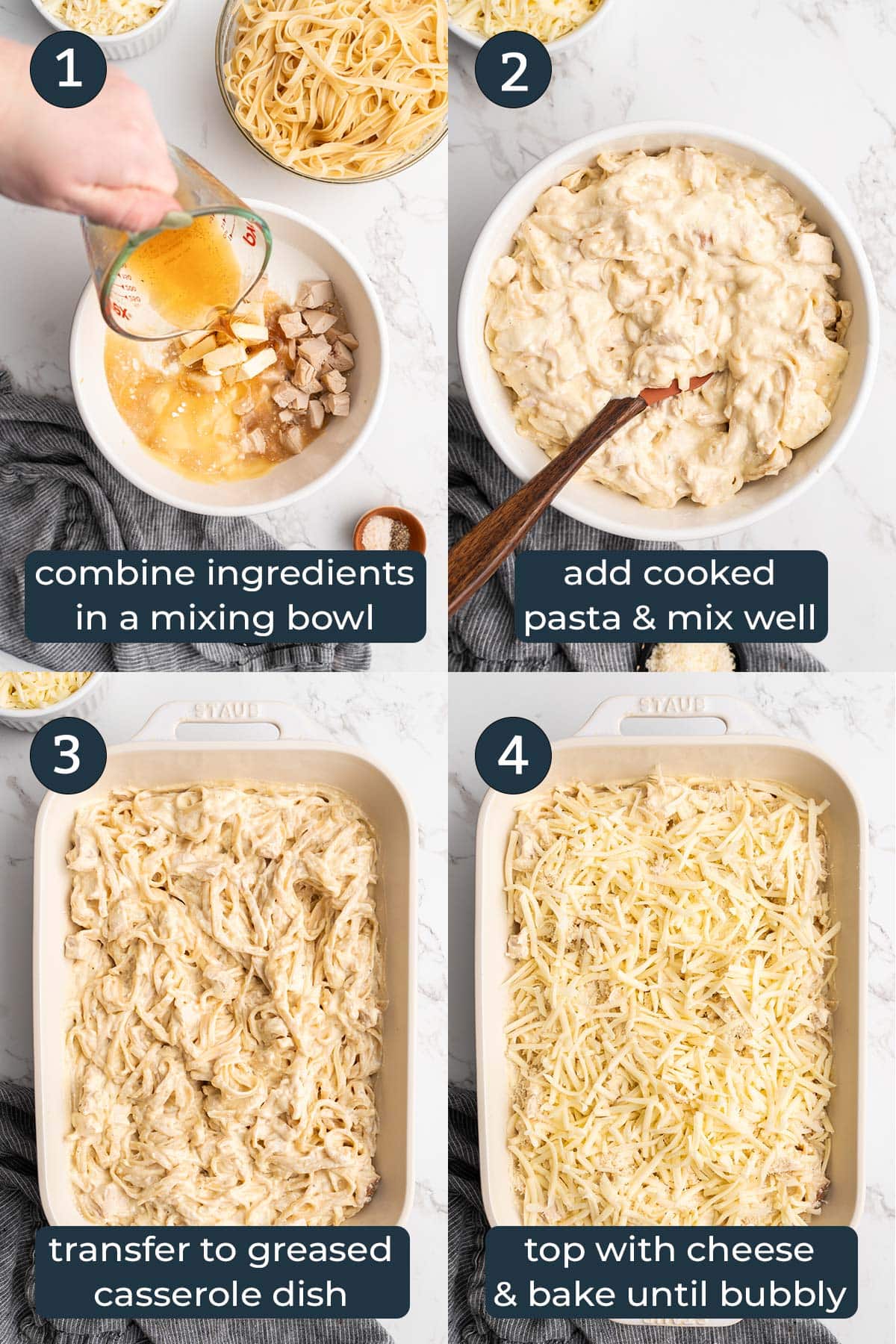 Four step-by-step photos on how to make easy chicken tetrazzini.