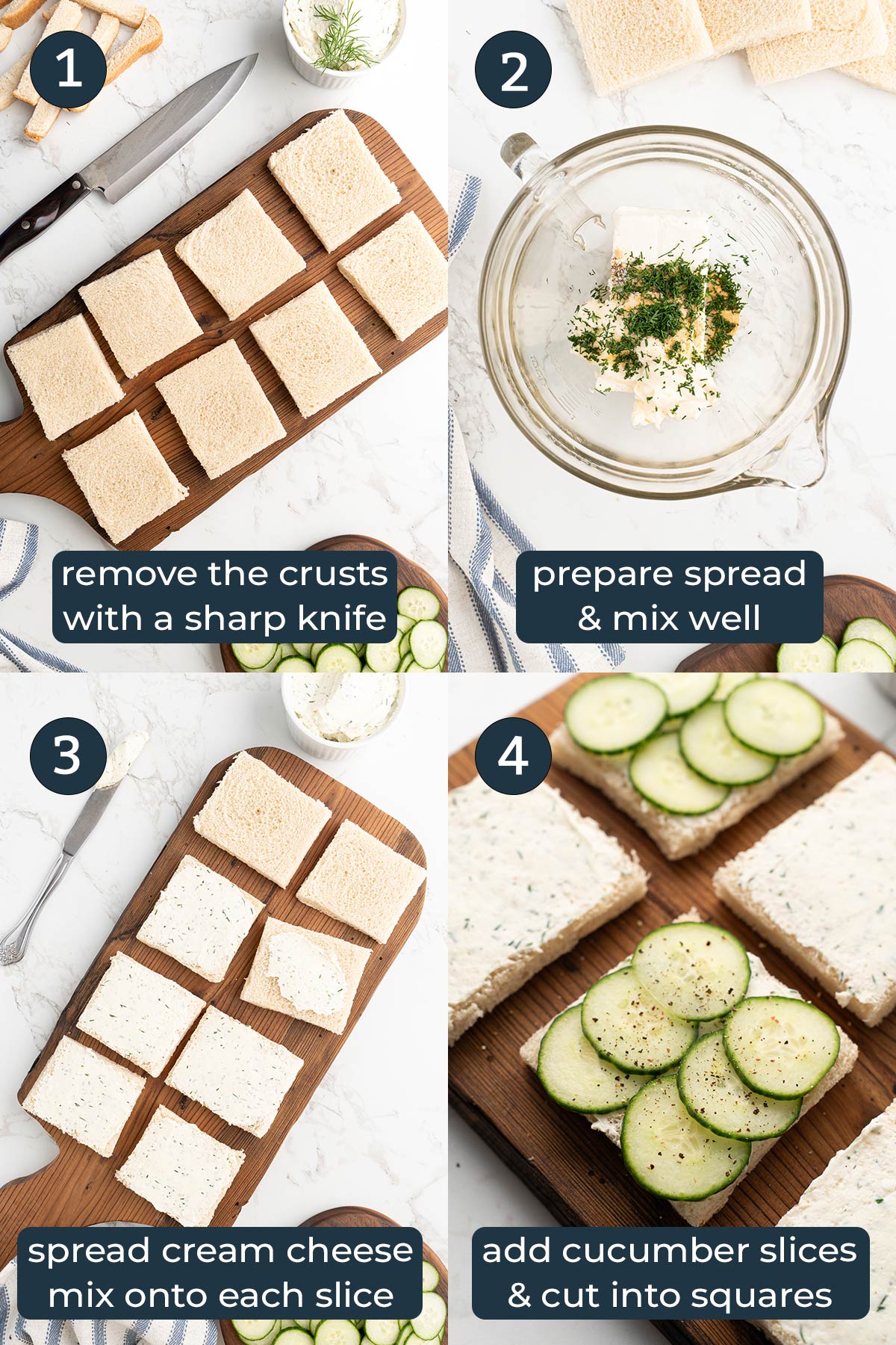 Four step-by-step photos on how to make cucumber sandwiches.